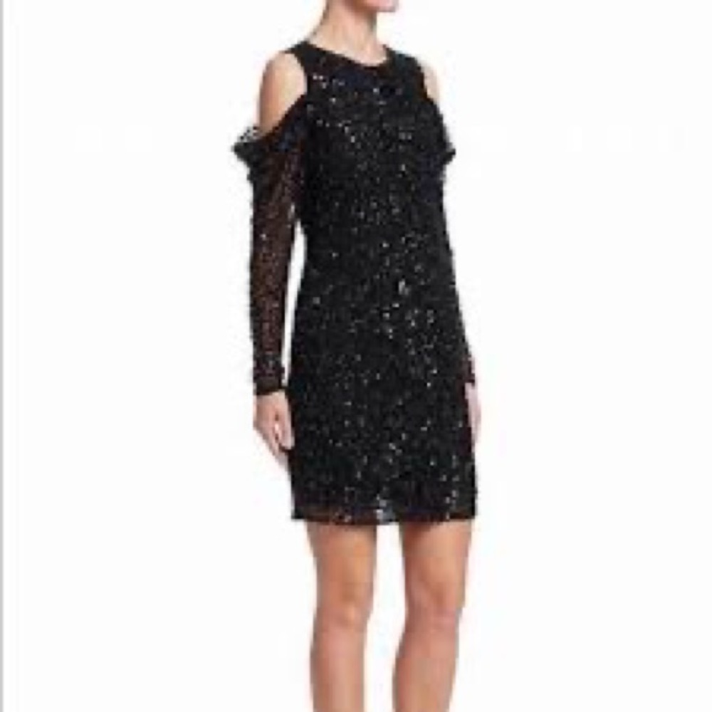 Brand New w/ Tags Parker Black Cold Shoulder Beaded Sequin Black Dress Size 4! - Picture 6 of 6